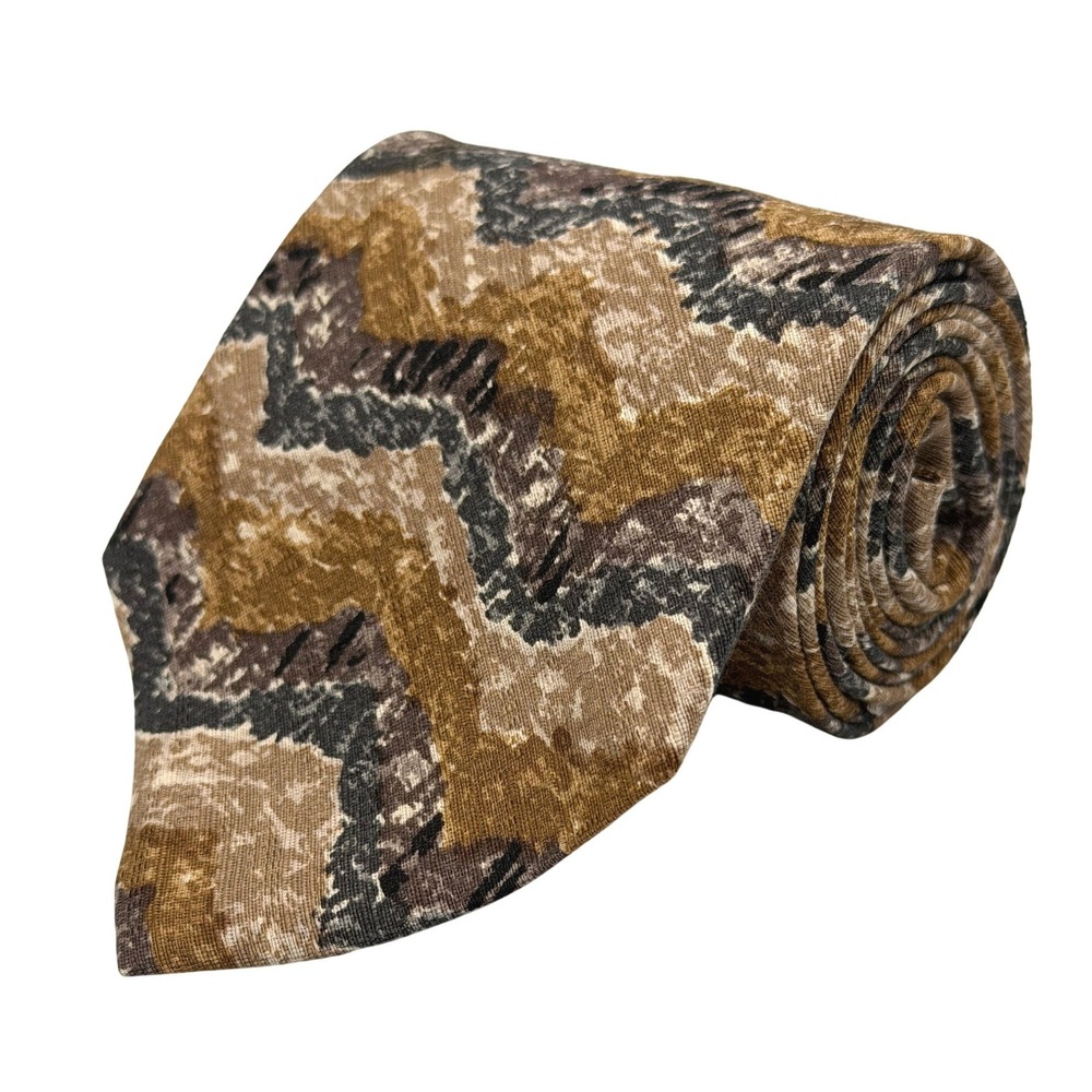 Halston‎ Vintage Necktie Mens Brown Tan Grey 100% Italian Silk Tie 57"L 3 7/8"W